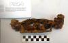 A rusty coffin handle showing two hearts lying on their sides and facing each other.
